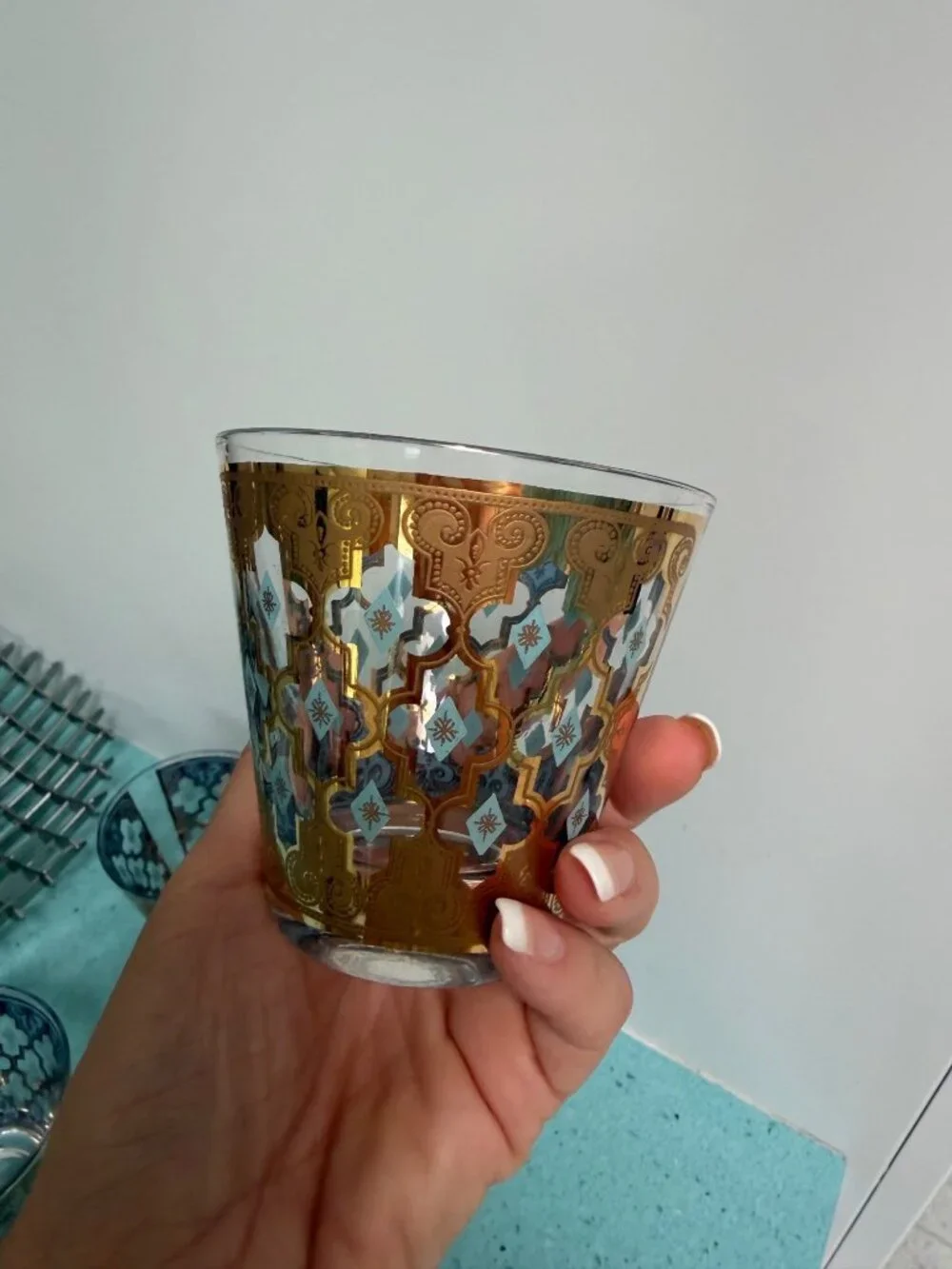 Culver Set of 5 MCM Seville 22K Gold Lattice Cocktail Glass Blue Vintage Rare